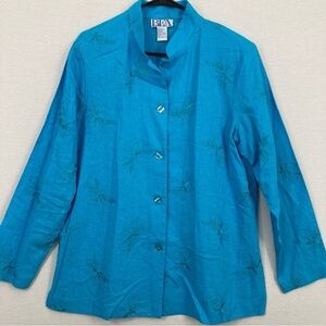 Vintage Blue Linen Blend Floral Embroidered Long Sleeve Button Down Large